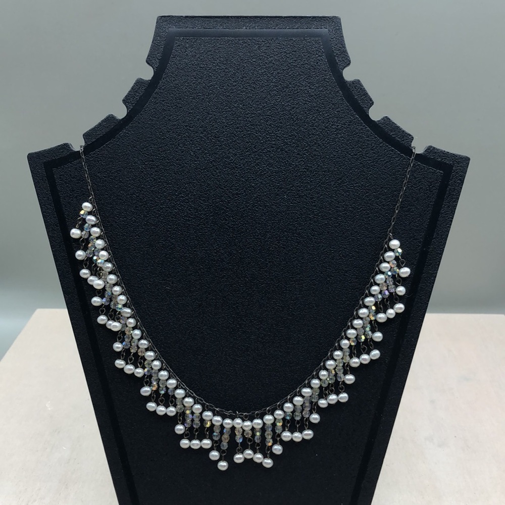 Sterling silver 925 freshwater dangle pearls crystals elegant statement necklace